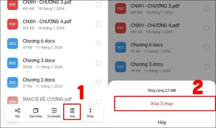 Chọn các tệp hoặc thư mục bạn muốn xóa, sau đó nhấn Xóa và xác nhận việc xóa tệp