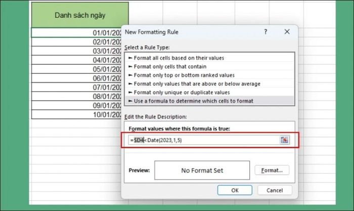 Nhập công thức hàm DATE để thiết lập định dạng màu trong Excel
