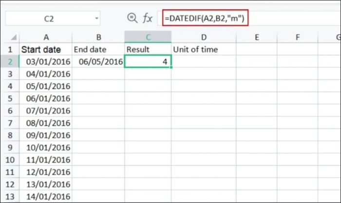 Công thức hàm DATE tính chênh lệch số tháng trong Excel 