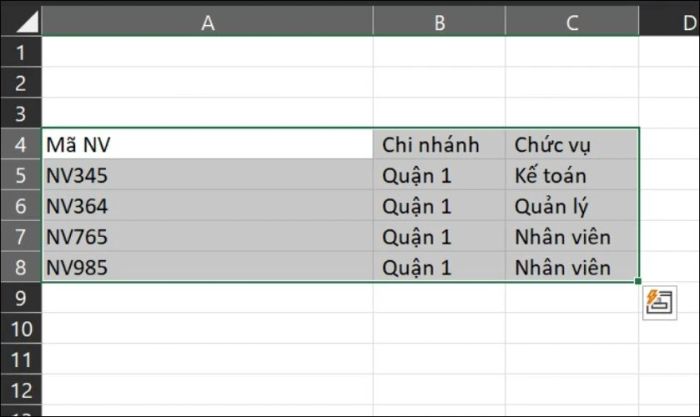 Kết quả của việc chia cột dữ liệu trong Excel.