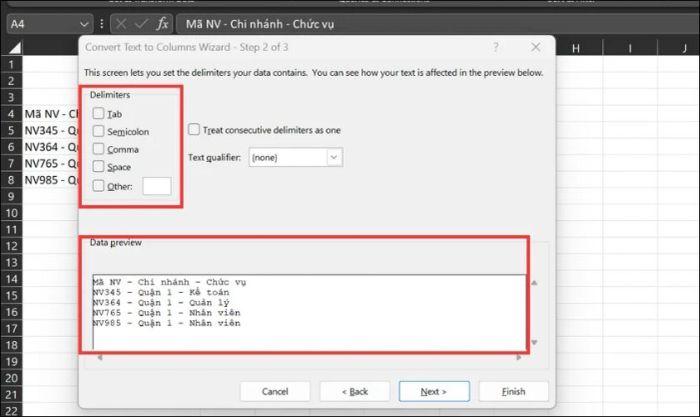 Trong mục Data View, bạn có thể xem trước cách hiển thị dữ liệu sau khi được chia thành các cột.