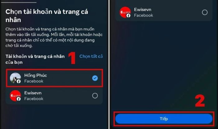 Chọn tài khoản Facebook cần tải tin nhắn