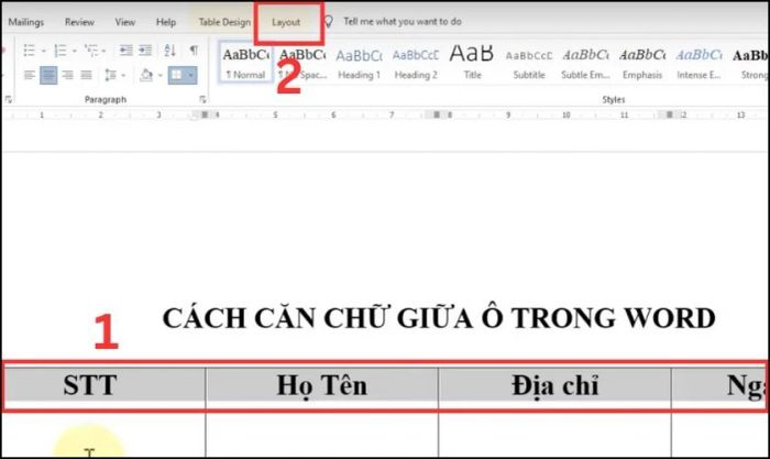 Sử dụng lệnh Layout để căn giữa ô trong bảng