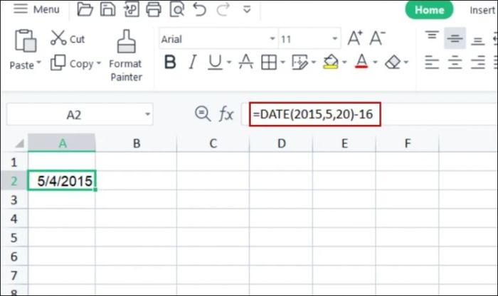 Nhập công thức: =DATE(2015, 5, 20) - 16