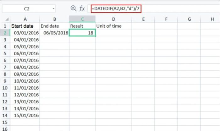 Công thức tính chênh lệch số tuần bằng hàm DATEDIF trong Excel