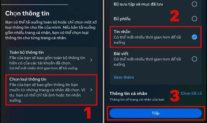 Chọn loại thông tin cần tải xuống