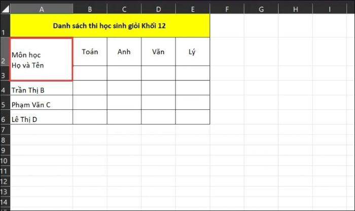 Nhập thông tin vào cột đã chia chéo trong Excel