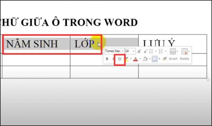 Cách căn giữa ô trong Word bằng chuột phải