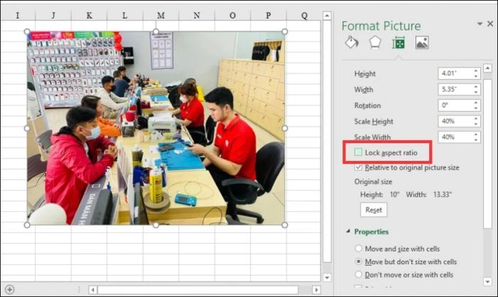 Lỗi không thể chỉnh kích thước ảnh khi chèn vào Excel
