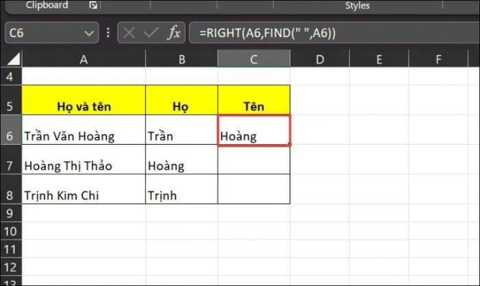 Kết quả cột Tên sau khi tách