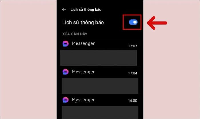 Nhấn vào thanh kéo để kích hoạt Lịch sử thông báo