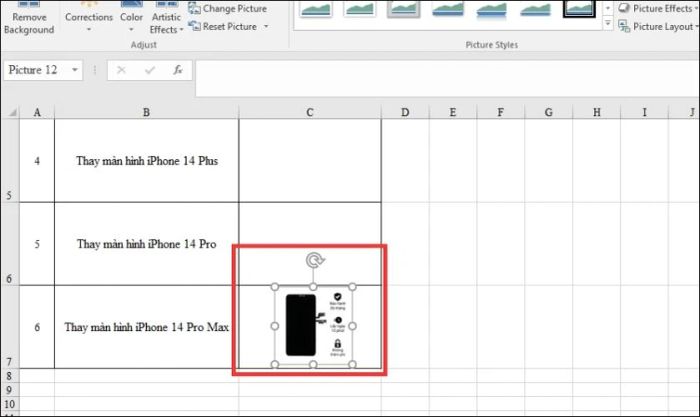 Di chuyển ảnh vào vị trí tương ứng trong Excel