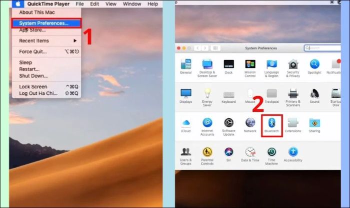 Trên Mac, vào System Preferences và chọn Bluetooth để tiếp tục kết nối.