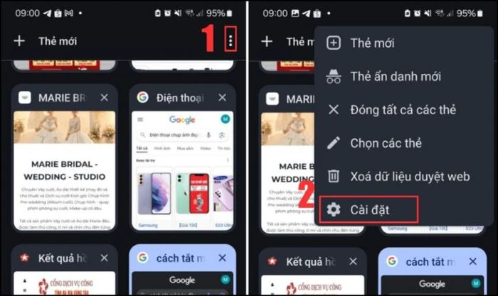 Mở trình duyệt web và vào mục Cài đặt trên điện thoại Android