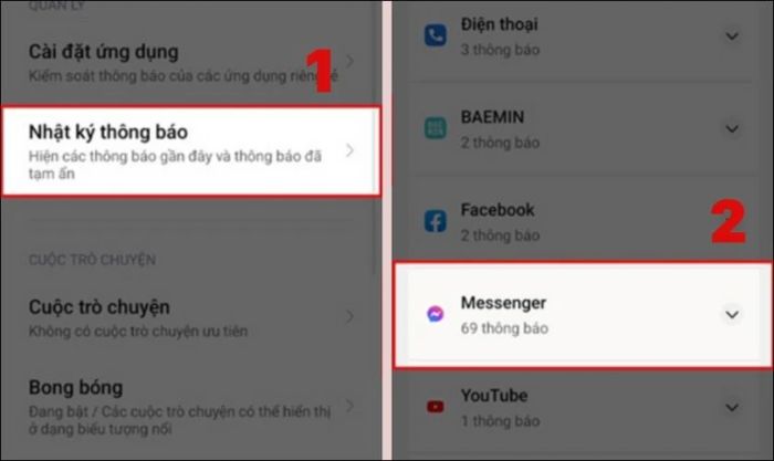 Nhấn vào Nhật ký thông báo