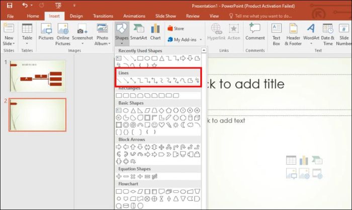 Để liên kết các hình khối, bạn có thể sử dụng các đường kẻ có sẵn trong nhóm Lines.