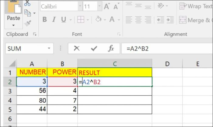 Cách dùng ký hiệu ^ thay thế hàm Power trực tiếp