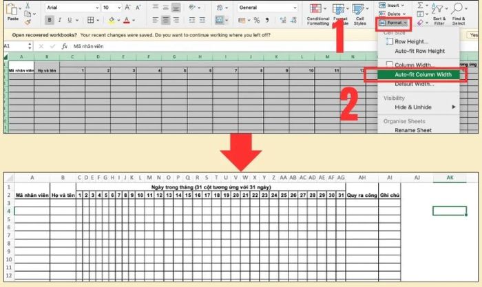 Thiết lập ngày tháng trong bảng chấm công