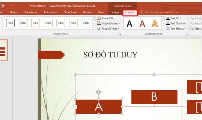 Để thực hiện, hãy chọn tab Format và sử dụng các tùy chọn để định dạng các thành phần trong sơ đồ tư duy