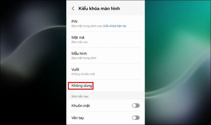 Vuốt xuống phía dưới màn hình và chọn tùy chọn Không dùng