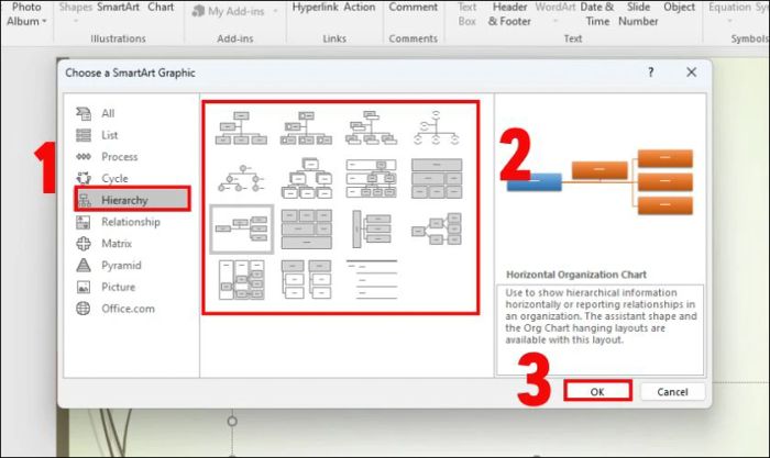 Để tìm kiếm các mẫu sơ đồ tư duy phù hợp, bạn hãy chọn nhóm Hierarchy