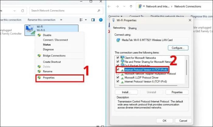 Chọn Properties và nhấp vào Internet Protocol Version 4 (TCP/IPv4)