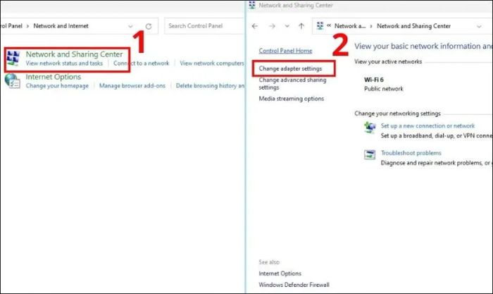 Chọn Network and Sharing Center và sau đó chọn Change adapter settings