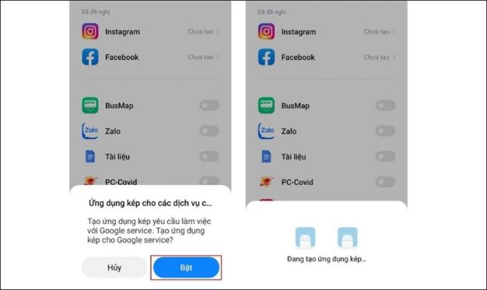 Chọn Bật để bắt đầu quá trình nhân bản ứng dụng Xiaomi