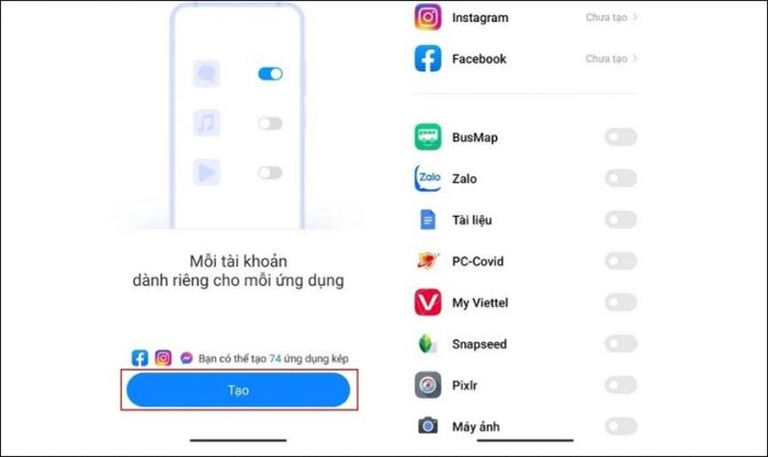 Nhấn Tạo và chọn ứng dụng cần nhân bản