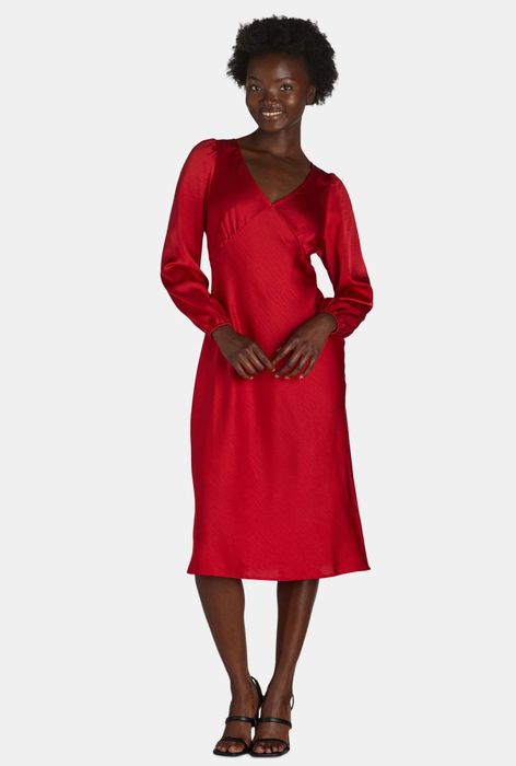Model wearing the red dress.