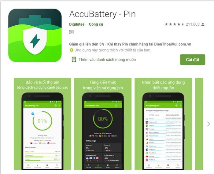 Ứng dụng Accu​Battery - Pin giúp kiểm tra tình trạng chai pin chính xác trên điện thoại Android