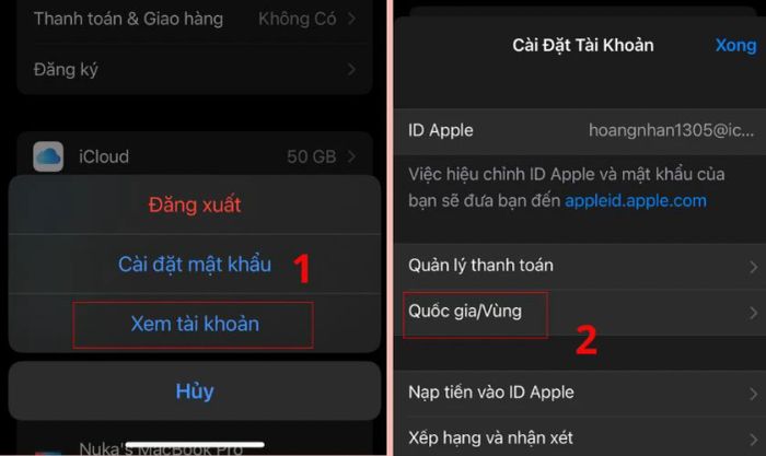 Chọn vào Xem tài khoản và tiếp theo chọn Quốc gia/Vùng