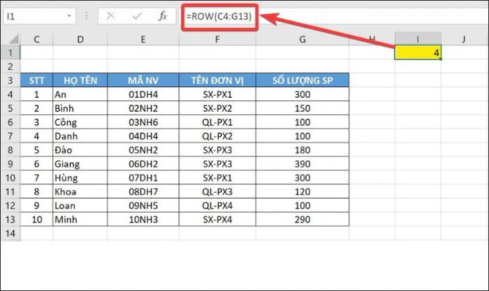 Xác định chính xác vị trí hàng hiện tại với hàm ROW
