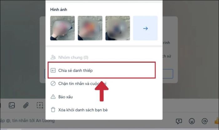 Tiếp theo, bạn chọn mục Chia sẻ danh thiếp