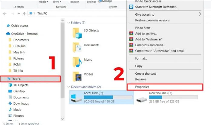 Chọn This PC ở cột bên trái, rồi nhấn chuột phải vào ổ đĩa cần kiểm tra và chọn Properties