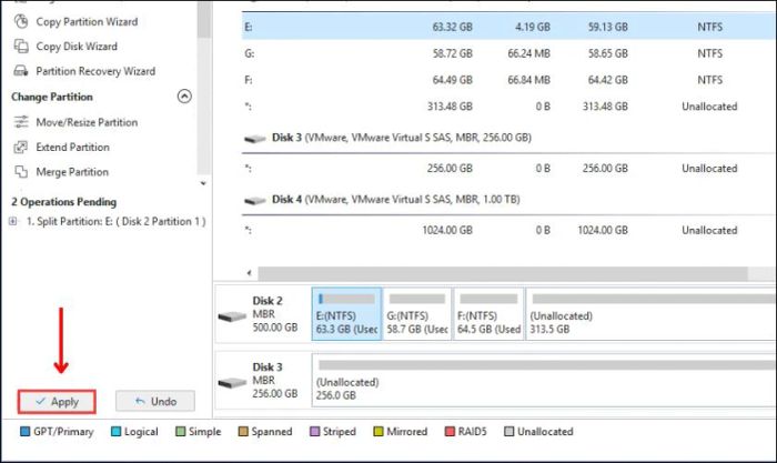 Ngoài việc gộp ổ cứng qua Minitool Partition Wizard, bạn cũng cần nhấn nút Apply để hoàn tất việc phân chia ổ cứng.