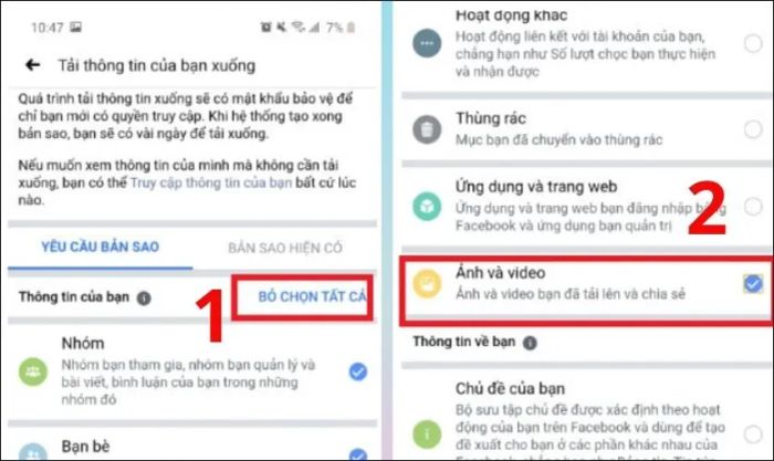 Trong phần Yêu cầu bản sao, bạn hãy bỏ chọn tất cả các mục khác và chỉ giữ lại mục Ảnh và video