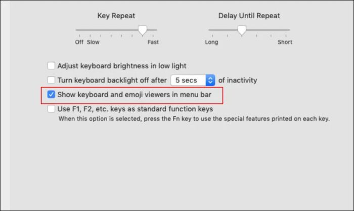 Chọn mục Show Keyboard and Emoji viewers in menu bar