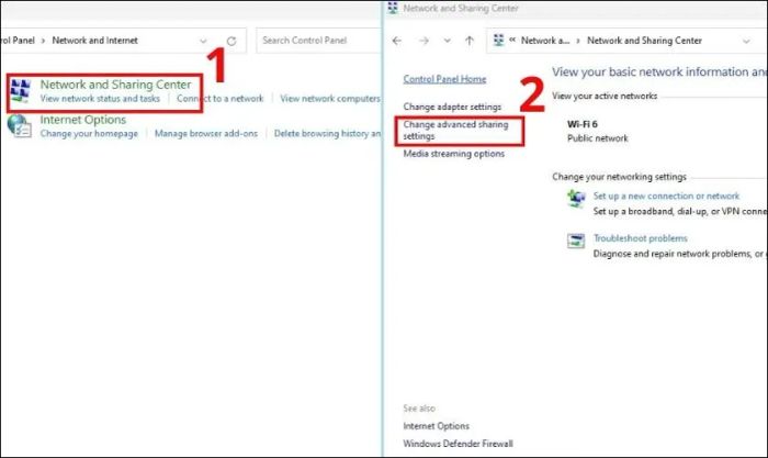 Chọn Network and Sharing Center và sau đó chọn Change advanced sharing settings