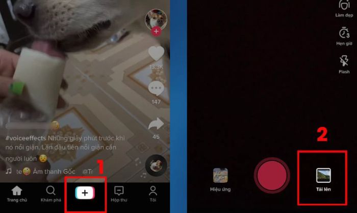Khởi động ứng dụng TikTok và nhấn vào biểu tượng dấu + nằm ở trung tâm màn hình.