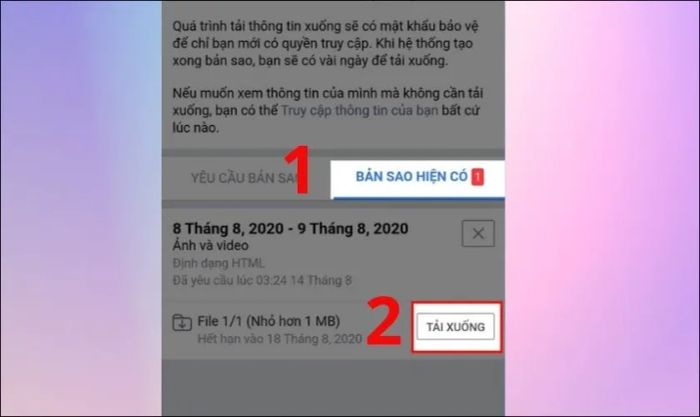 Chọn Bản sao hiện có và nhấn vào mục Tải xuống