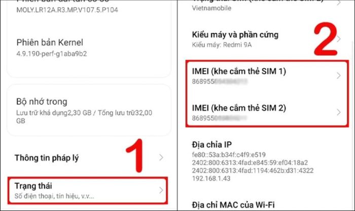 Tiếp tục chọn Trạng thái. Sau đó, cuộn xuống để tìm và kiểm tra mã số IMEI của điện thoại