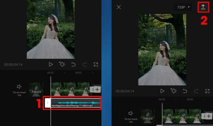 Chọn đoạn nhạc bạn muốn thêm vào video, sau đó nhấn vào biểu tượng mũi tên để hoàn tất.