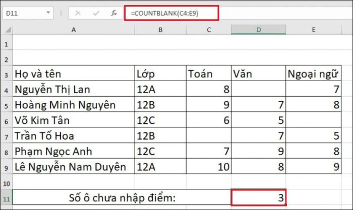 Hàm COUNTBLANK giúp đếm số ô trống trong Excel