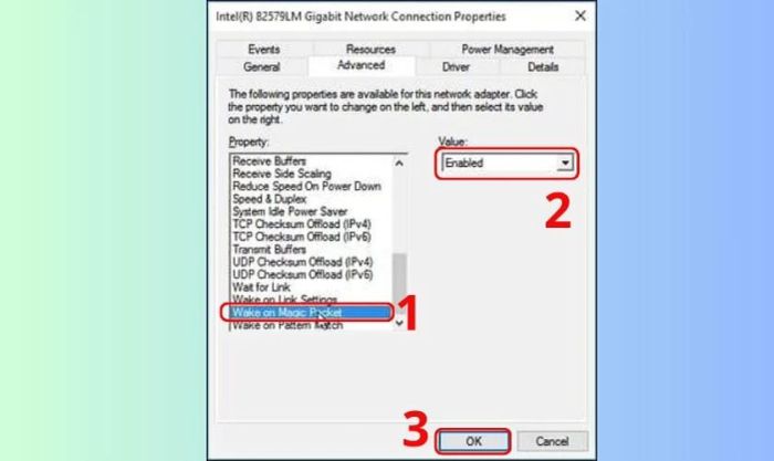 Chuyển qua tab Advanced, tìm mục Wake on Magic Packet và bật tính năng bằng cách chọn Enable