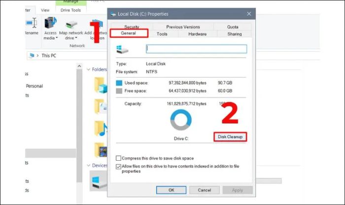 Trong mục General, chọn nút Disk Cleanup