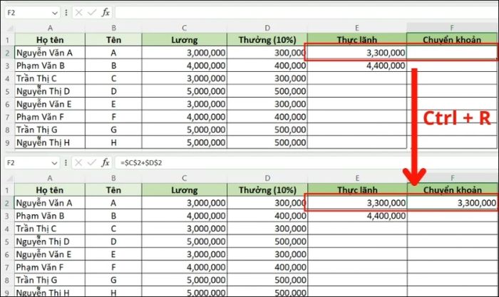 cách sao chép công thức, hàm trong excel sang ô bên phải