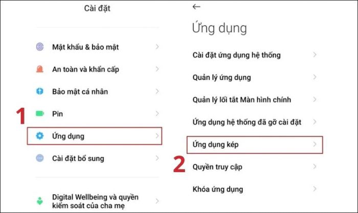 Vào phần Ứng dụng và chọn mục Ứng dụng kép