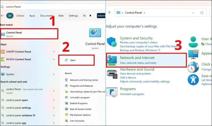 Nhập Control Panel vào thanh tìm kiếm và chọn Network and Internet
