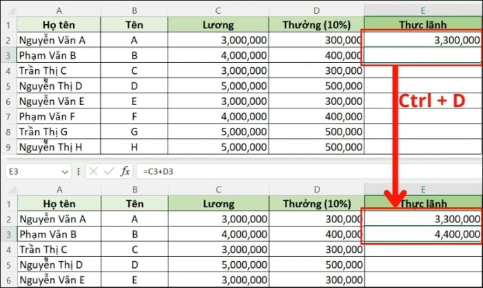 sao chép công thức trong excel xuống ô bên dưới
